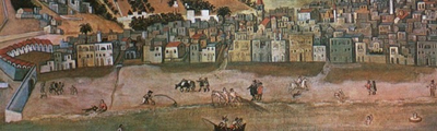 Detail of an anonymous painting from the mid-17th century - Houses on the Rethymno seafront road, kept at the Rethymno town hall.