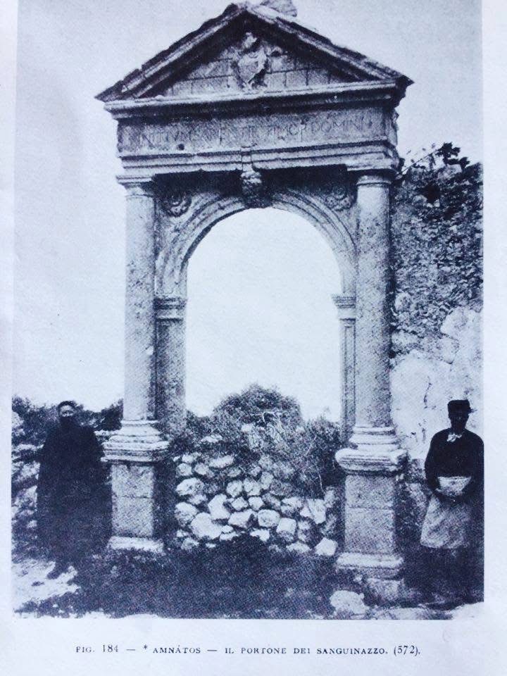 Early photograph of the ruins of the original mansion, portico intact but standing precariously alone in the landscape